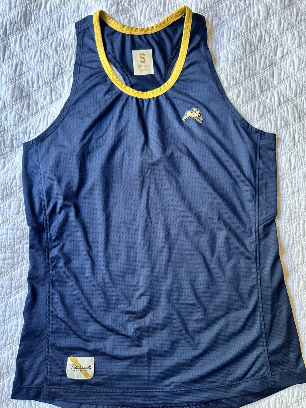 Tracksmith Twilight Navy Tank top with Yellow Trim